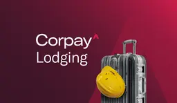 Corpay Lodging logo next to a travel suitcase with a yellow hard hat, symbolizing workforce travel.